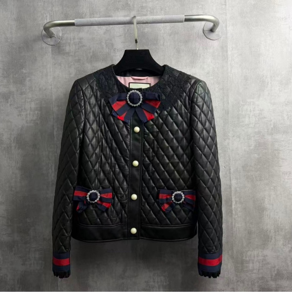 Authentic Gucci Black Quilted Leather Jacket with Red and Blue Details